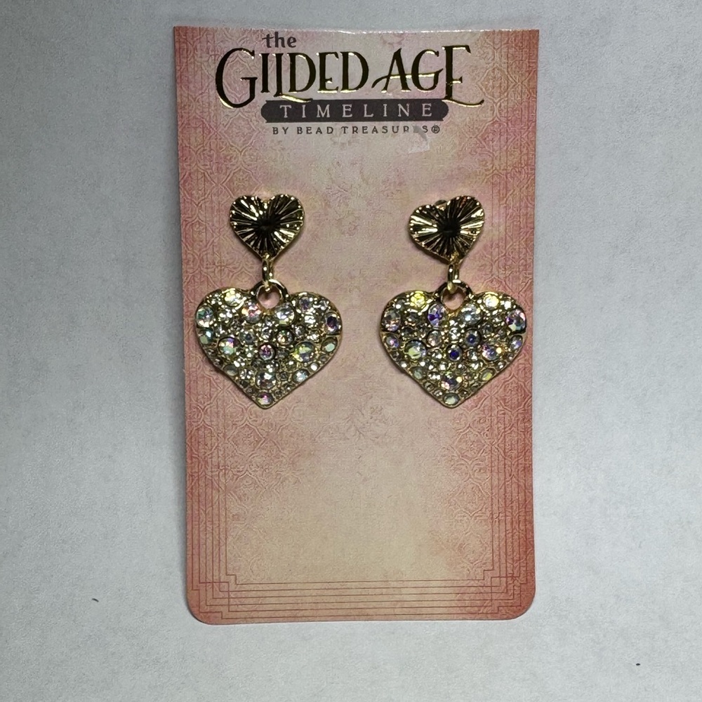 Gold Heart Dangle Stud Earrings by Bead Treasures Rhinestone Accents New